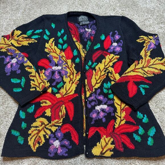Berek Sweaters - Vintage 80s/90s Berek Flower Motif Hand Knitted Cotton Cardigan Jacket